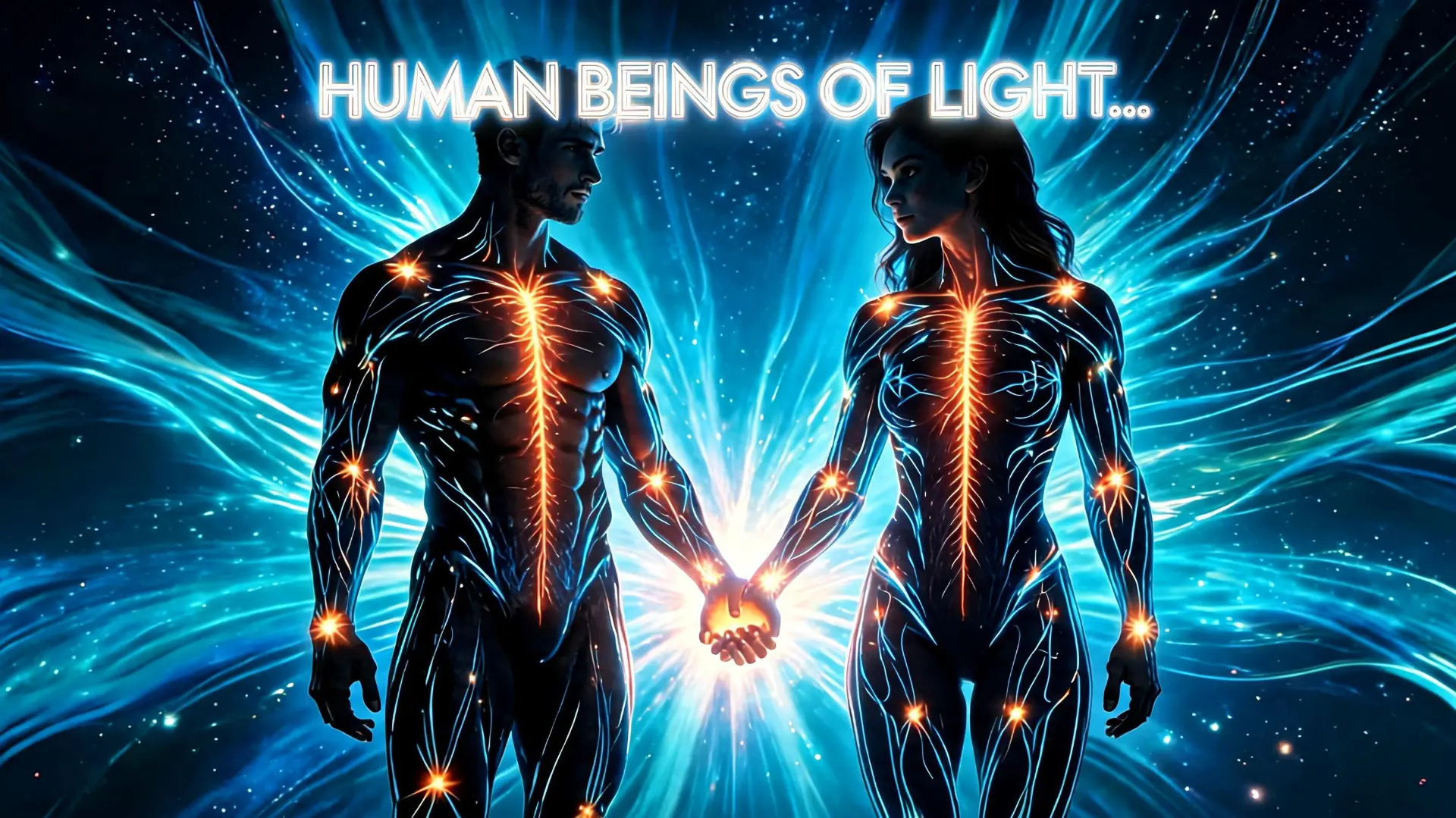 Illustration of human beings of light with glowing energy pathways